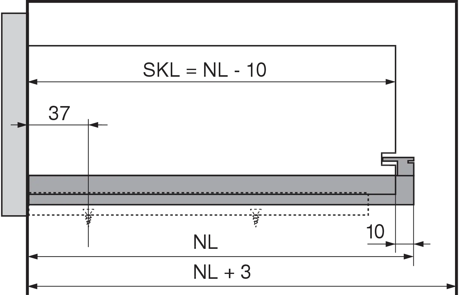 Schemazeichnung der Schubkastenlänge für MOVENTO: Nennlänge minus 10 mm