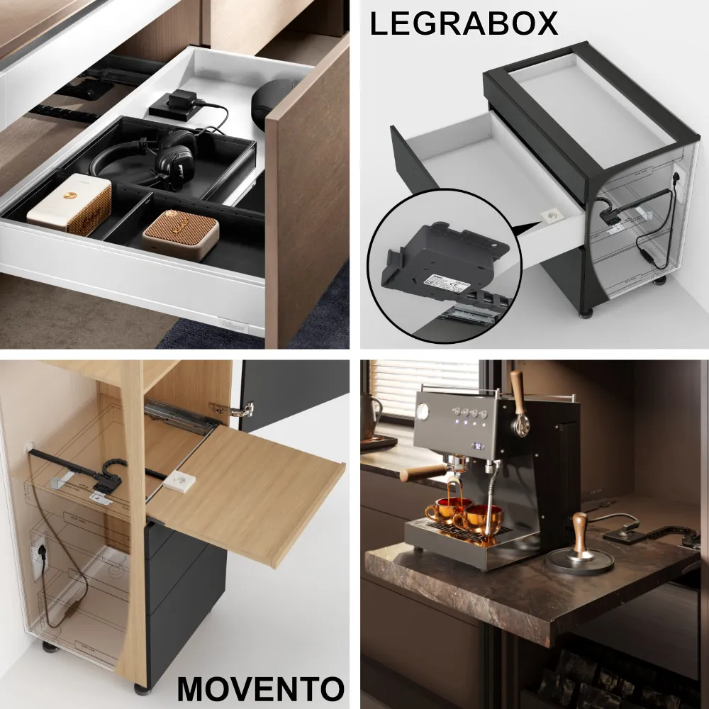 Vier Ansichten: bestückte Lade, LEGRABOX-Zarge mit Stromelement im Detail, MOVENTO-Tablarauszug mit Steckdose und eine Espressomaschine auf einem ausgezogenen Tablar