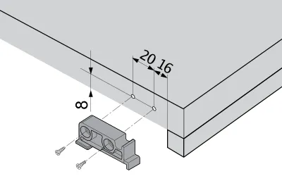 Technische Zeichnung des Blum-Aufsteckhalters, hinten an der Tablarboden-Ecke montiert, mit Maßangaben und zwei Schrauben