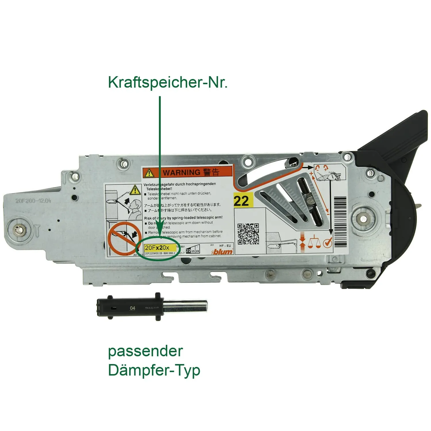 Blum AVENTOS Kraftspeicher an der Korpusseite mit markierter Artikelnummer auf dem Metallkörper