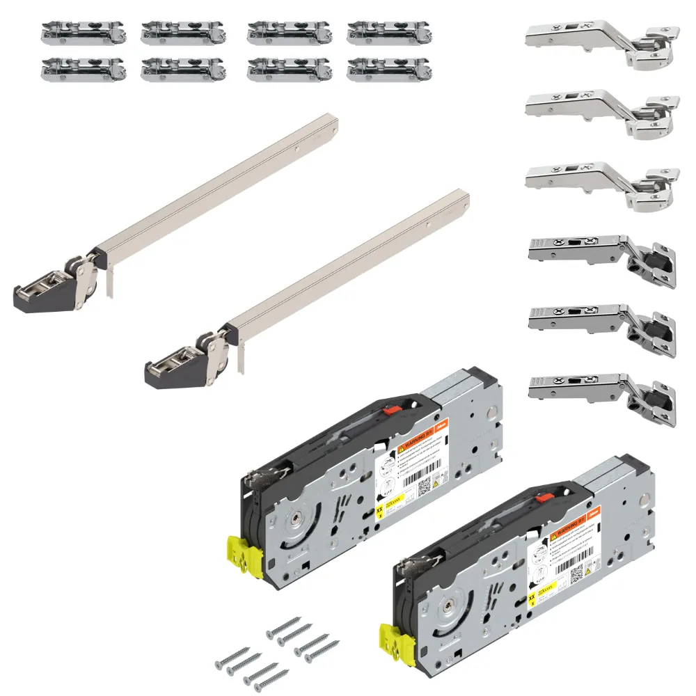 Blum AVENTOS HF top Set mit zwei Kraftspeichern, zwei Teleskophebeln, Scharnieren, Montageplatten und Schrauben