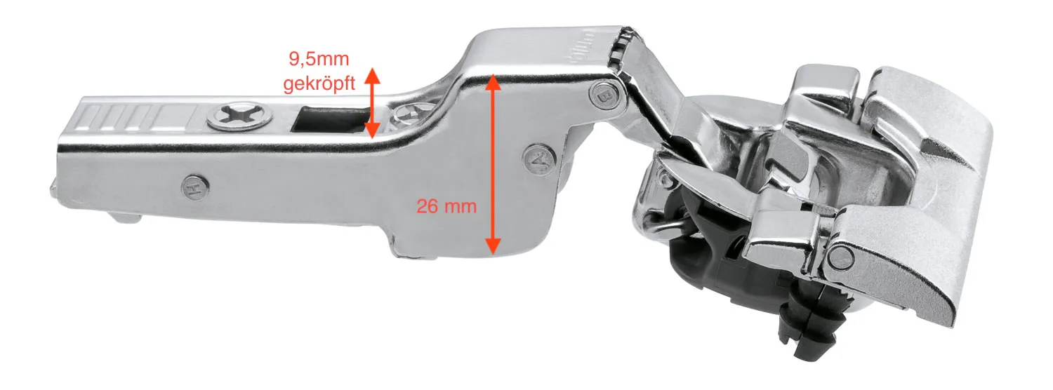 Blum CLIP top Scharnier mit 9,5 mm gekröpftem Bandarm, höchster Punkt am Arm etwa 26 mm