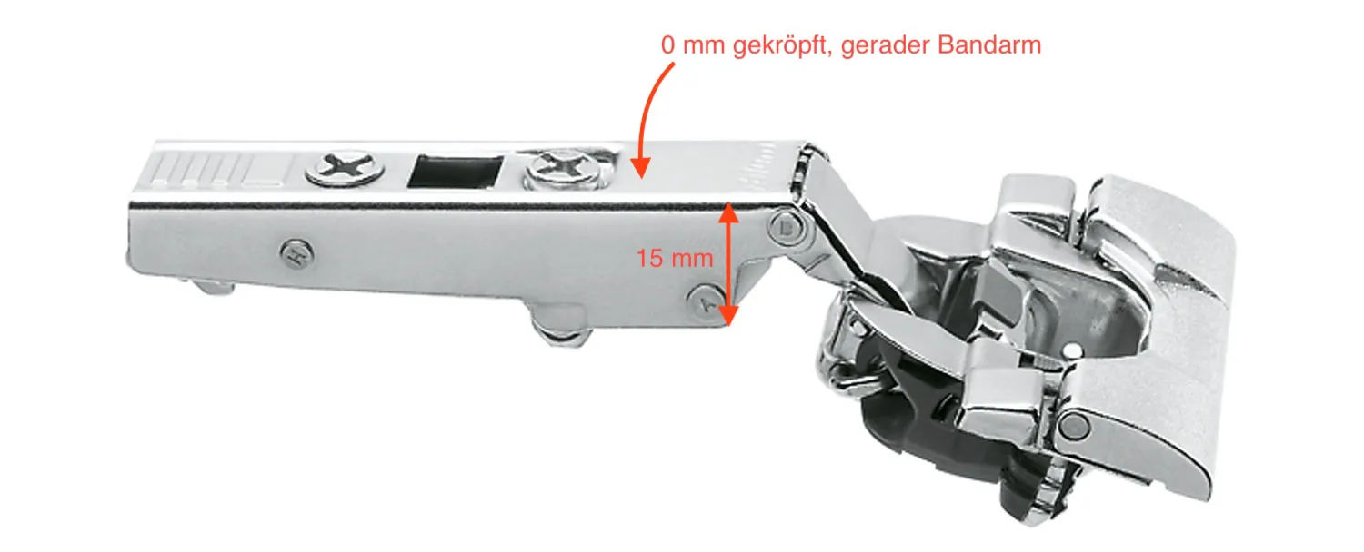 Blum CLIP top Scharnier mit geradem Bandarm, 0 mm gekröpft, höchster Punkt am Arm etwa 15 mm