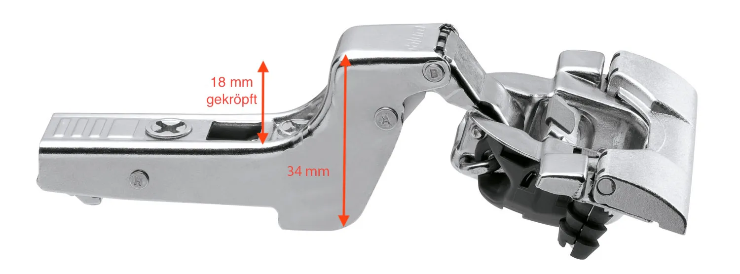 Blum CLIP top Scharnier mit 18 mm hochgekröpftem Bandarm, höchster Punkt am Arm etwa 34 mm