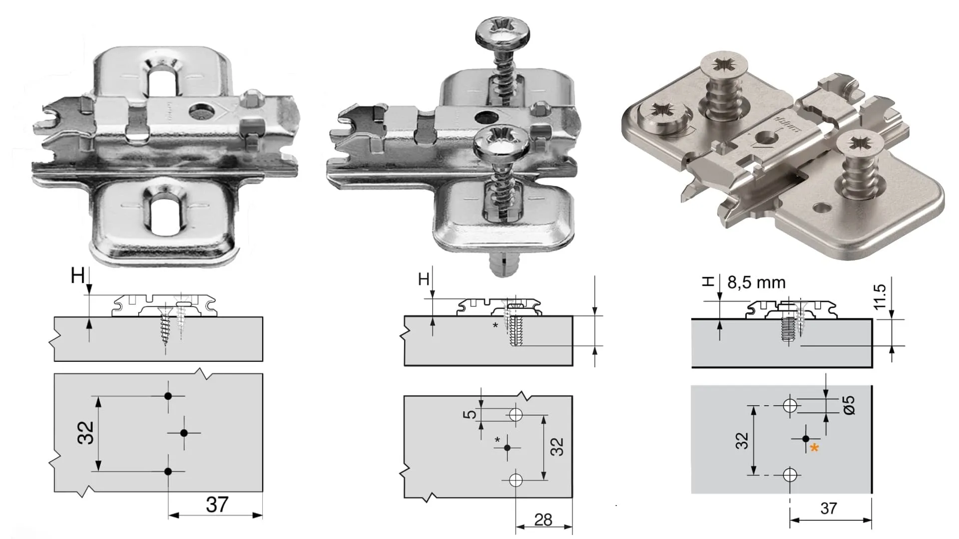 Maßzeichnung einer Montageplatte mit Bohrbild 37/32 und der Sonderform 28/32, Systembohrung Ø 5 mm