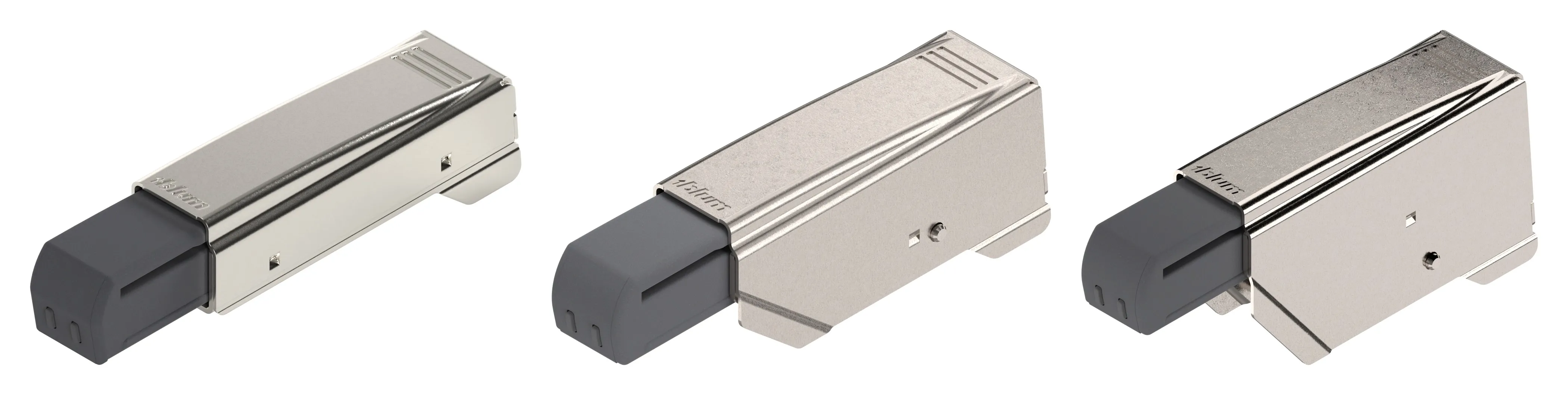 Drei BLUMOTION 973A Aufsteckteile nebeneinander: 973A0500.01 flach, 973A0600 mittel, 973A0700 hoch, passend zur Kröpfung des Arms