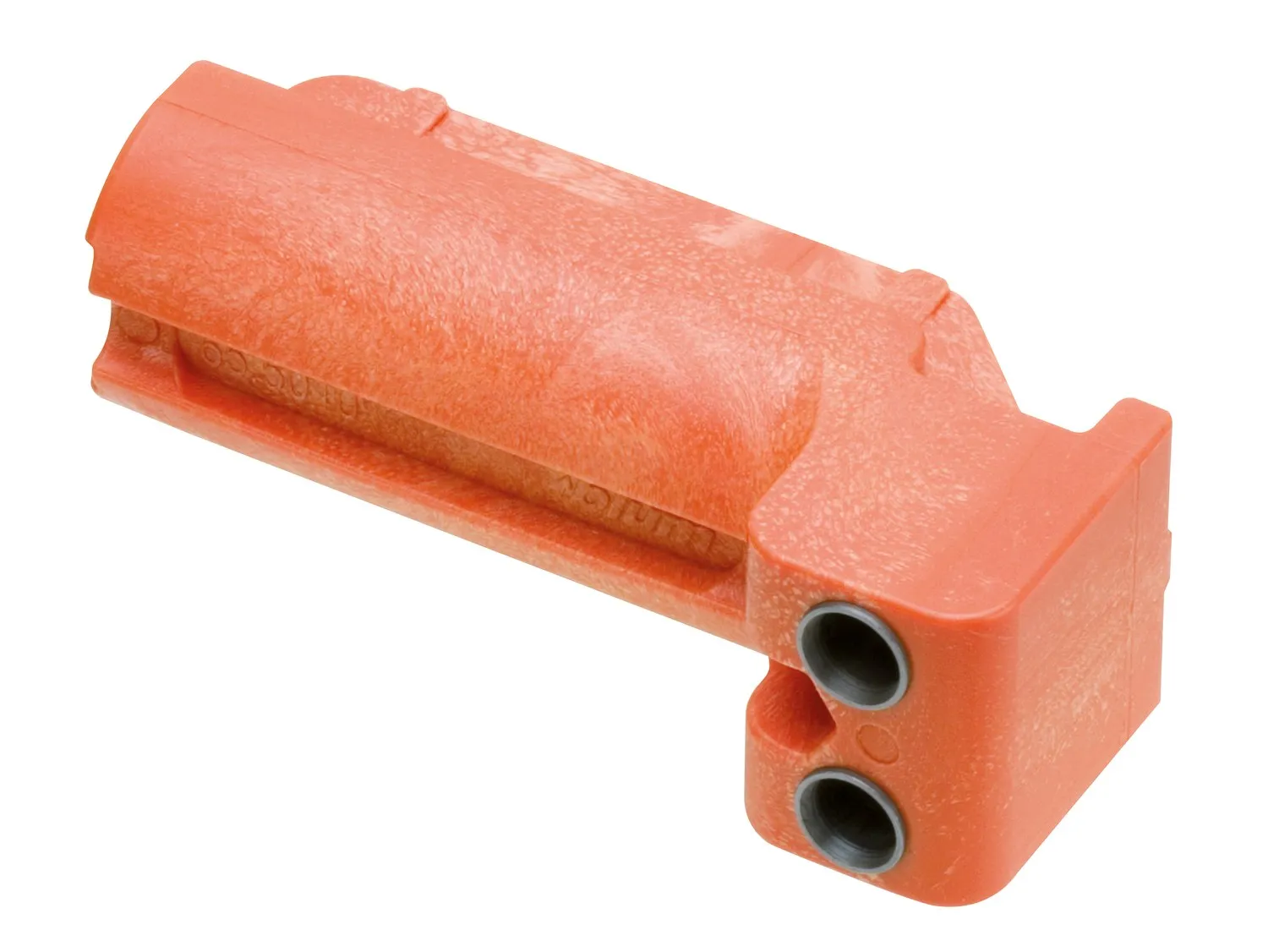 Orangefarbene Blum Türbohrlehre 65.5010 aus Kunststoff mit zwei Bohrbuchsen und Anschlag für die Korpuskante