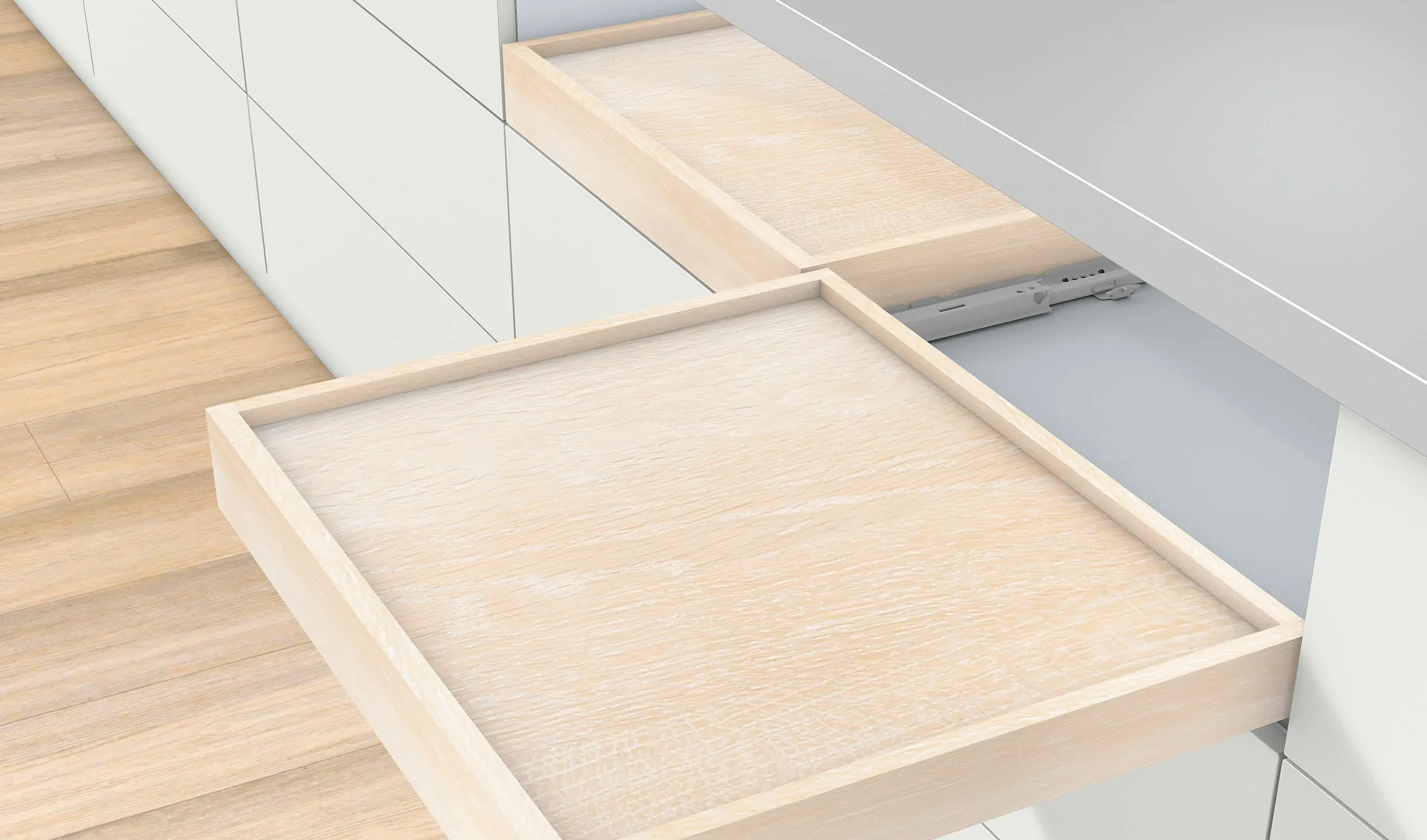 Zwei ausgezogene Holztablare mit niedriger Umrandung aus weißen Küchen-Unterschränken, eine Korpusschiene sichtbar