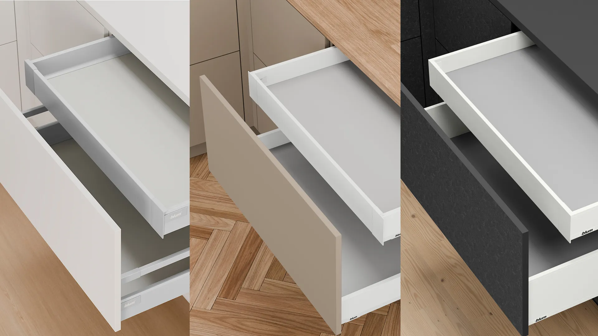 Drei Blum-Boxsysteme nebeneinander: TANDEMBOX antaro, MERIVOBOX und LEGRABOX