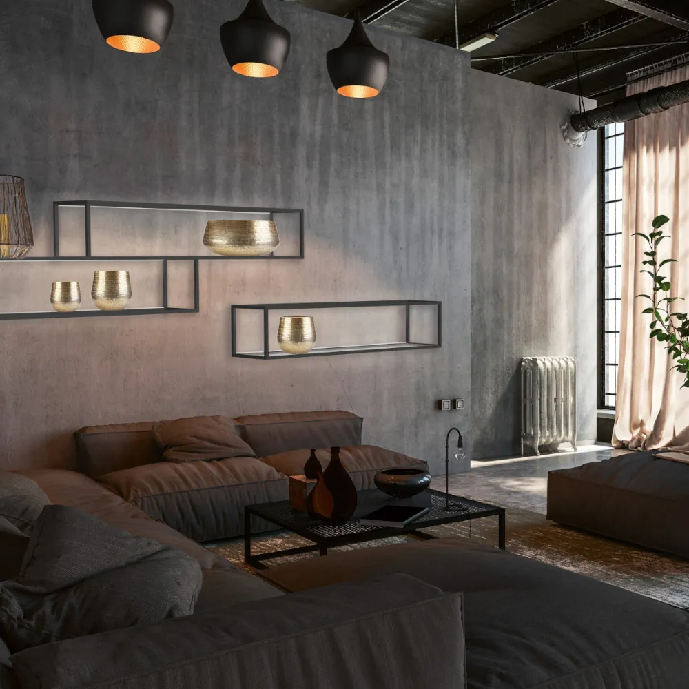 Loft-Wohnzimmer mit schwarzen Rahmenregalen an einer Betonwand, die Regalböden sind von innen beleuchtet