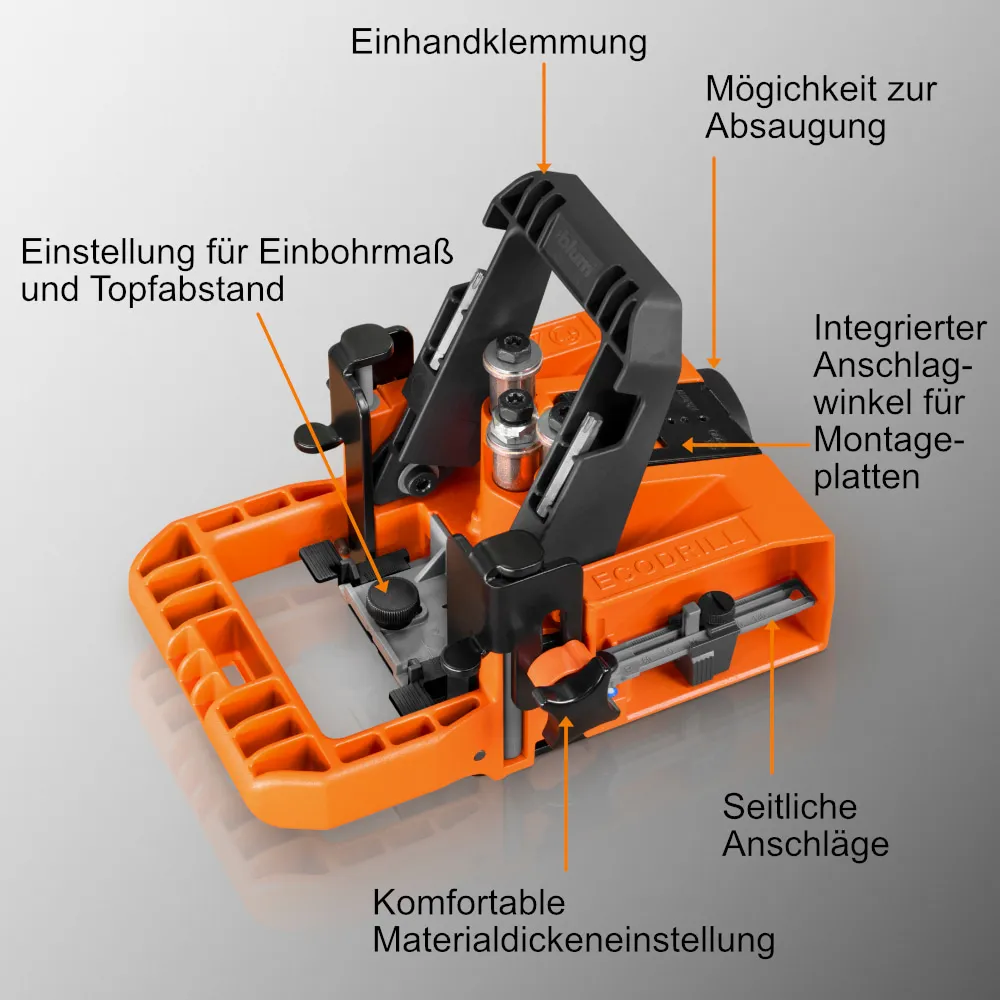 Beschriftete Ansicht der ECODRILL mit Hinweisen auf Einhandklemmung, Absaugung, Anschlagwinkel, seitliche Anschläge und Materialdickeneinstellung