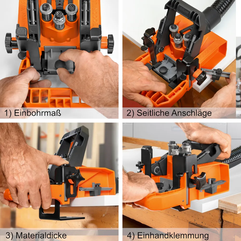 Vier Aufnahmen der Bedienschritte an der ECODRILL: Einbohrmaß einstellen, seitliche Anschläge, Materialdicke, Einhandklemmung mit angeschlossenem Absaugschlauch