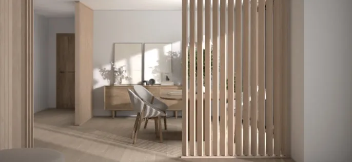 Holz-Lamellen als Raumteiler in einem hellen Wohnraum, drehbar montiert in Decke und Boden
