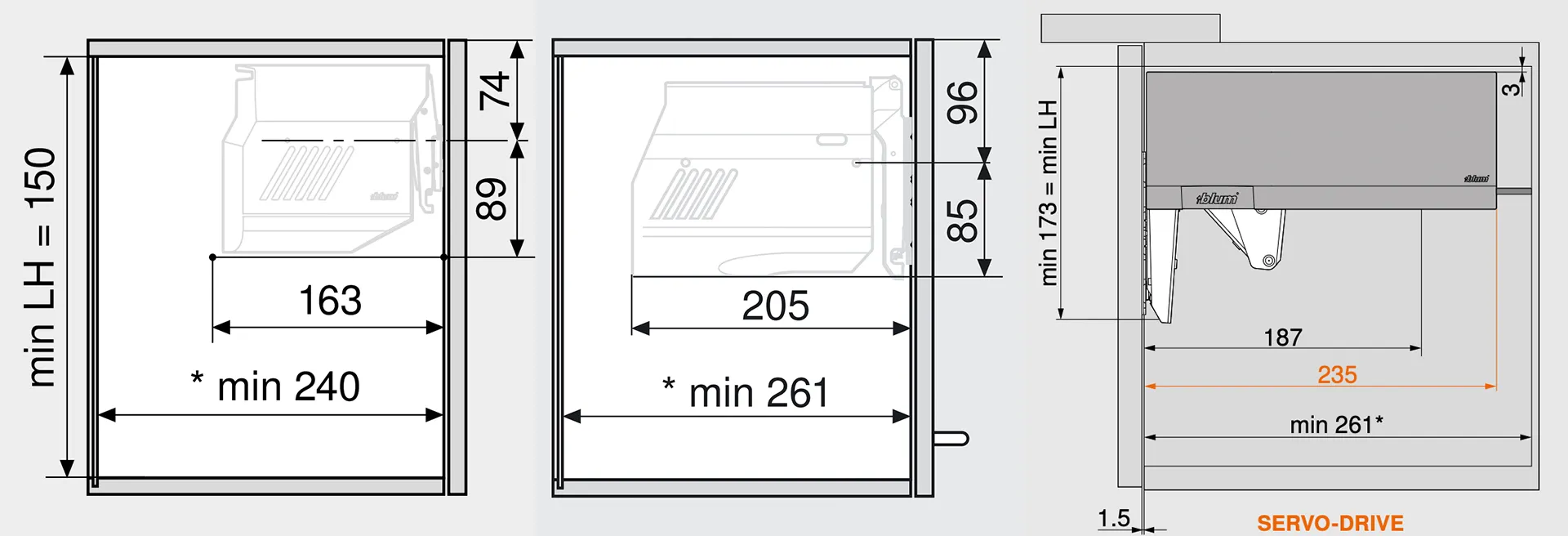 Maßvergleich zwischen der kleinen Hochklappe AVENTOS HK-S und der größeren HK-Baureihe inklusive SERVO-DRIVE-Maßen