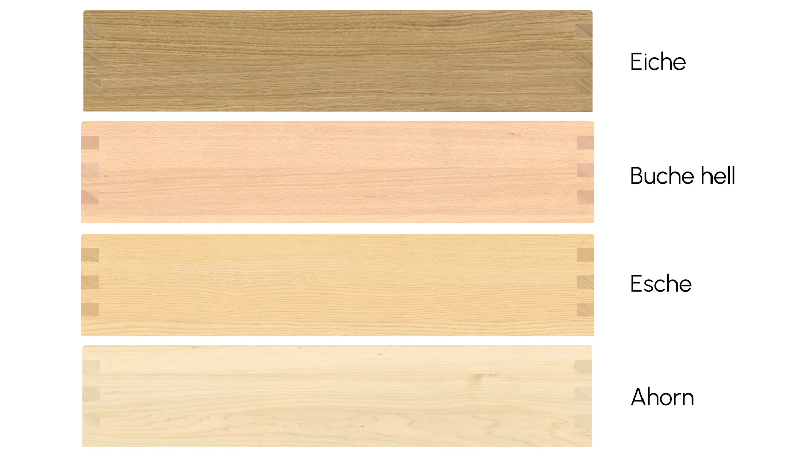 Übersicht verschiedener Holzarten für Massivholz-Schubkästen: Buche, Eiche, Esche, Birke, Kirsche, Nussbaum, Fichte und Kiefer