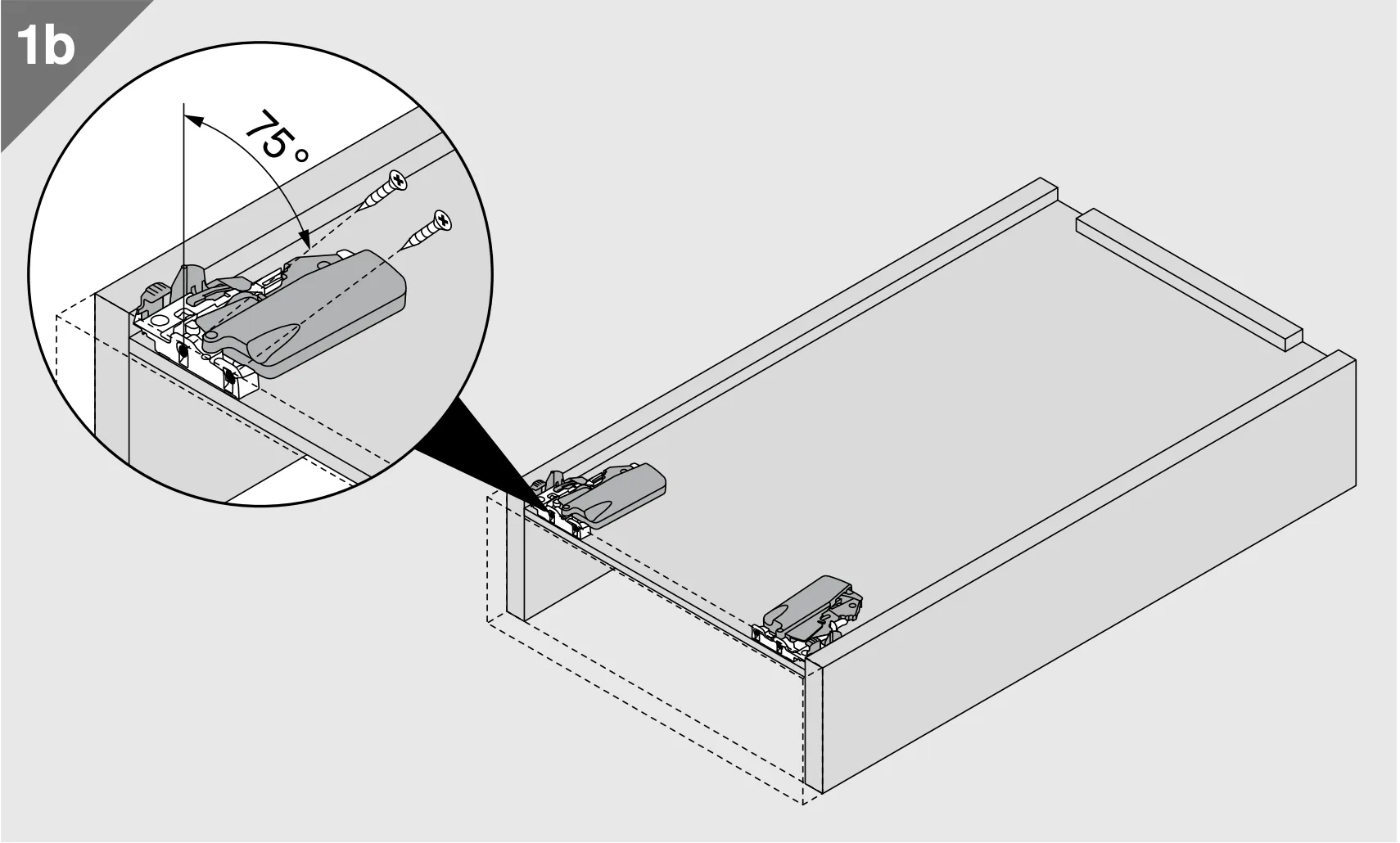 Schemazeichnung TANDEM-Kupplung am 3-seitigen Holzschubkasten mit schräger Verschraubung