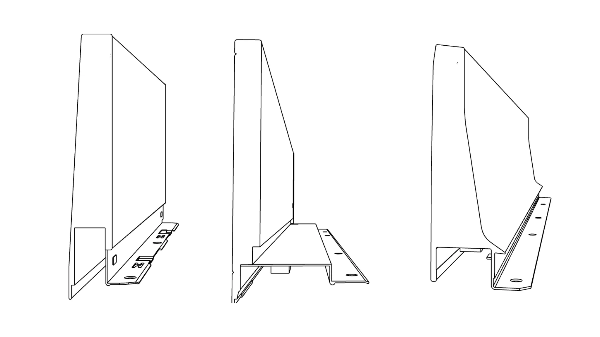 Drei Blum-Boxsysteme mit Metallzarge nebeneinander, von links nach rechts MERIVOBOX, LEGRABOX und TANDEMBOX antaro