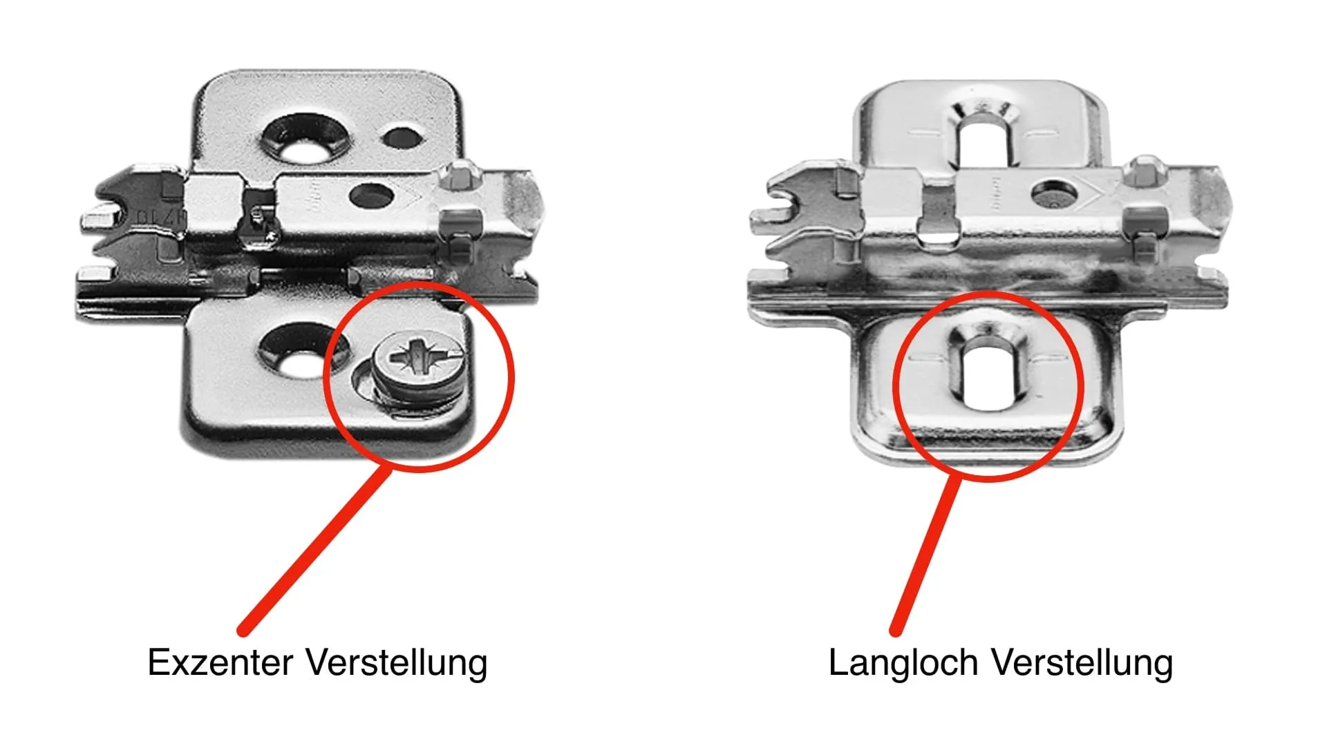 Zwei Blum-Montageplatten im Vergleich, links die Exzenter-Verstellung, rechts die Langloch-Verstellung