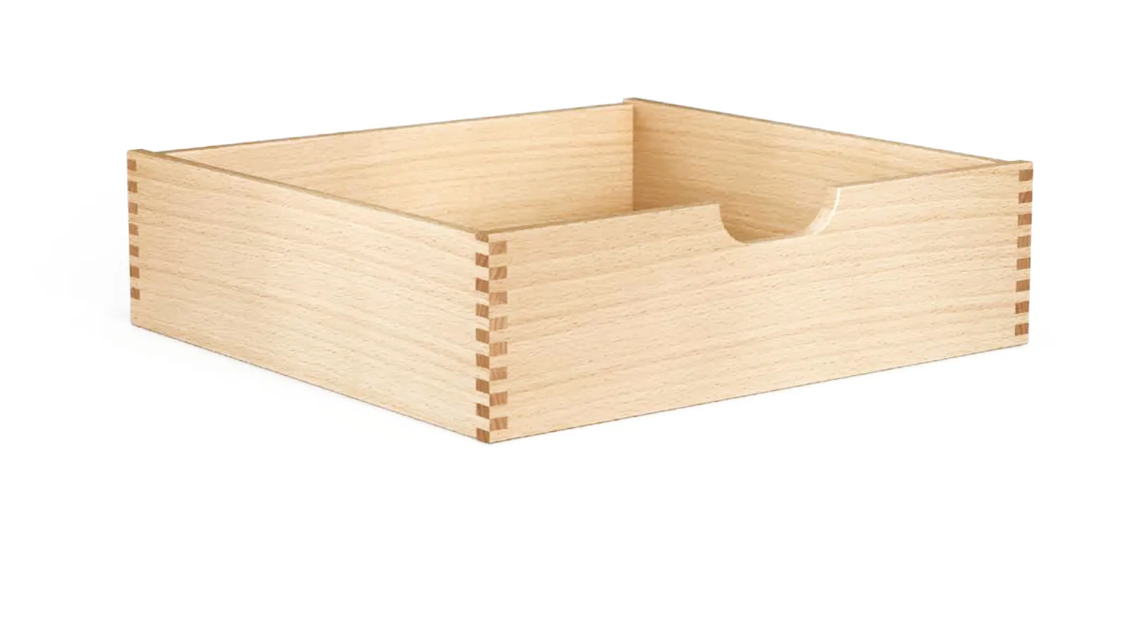 Holzschütte aus Massivholz, seitlich und vorne eingenuteter Boden, geöffnet über eine Grifffräsung im Vorderstück