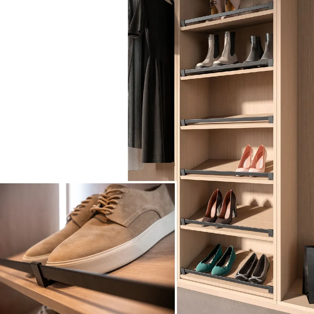 Mehrere CONERO Schuhrelinge übereinander in einem begehbaren Schrank, jede Reihe mit einem Paar Sneaker