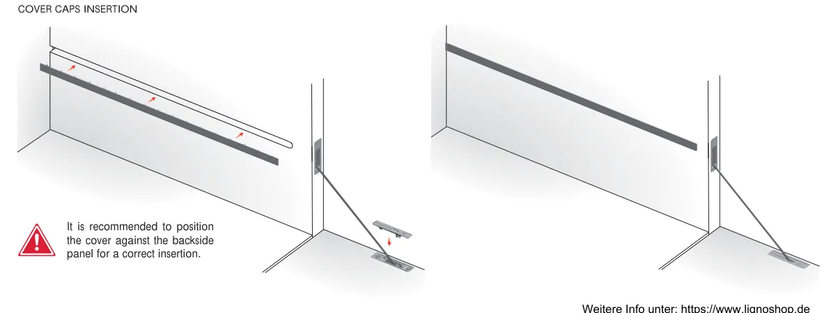 Schlanke Metall-Seitenabdeckung wird von der Rückwand aus über die Seilnut gedrückt, Zeichnung aus der Broschüre