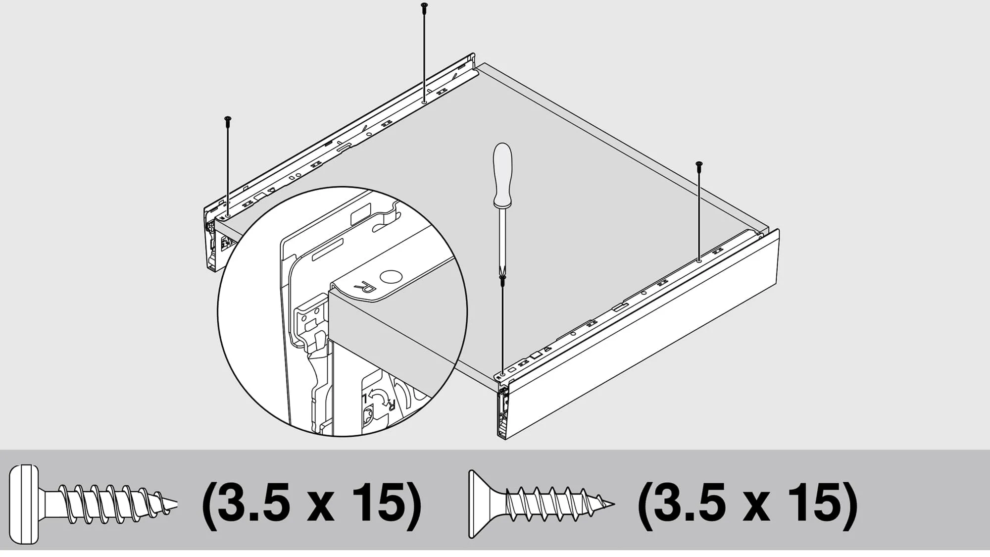 Boden wird mit vier Schrauben 3,5 x 15 mm an den Zargen fixiert, Detailkreis zeigt die R-Markierung