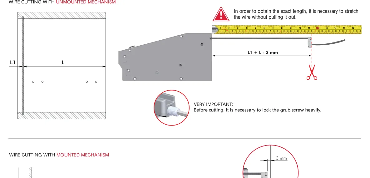 Seillänge wird am ausgebauten KIARO Mechanismus mit Maßband ermittelt, Regel L1 plus L minus 3 mm