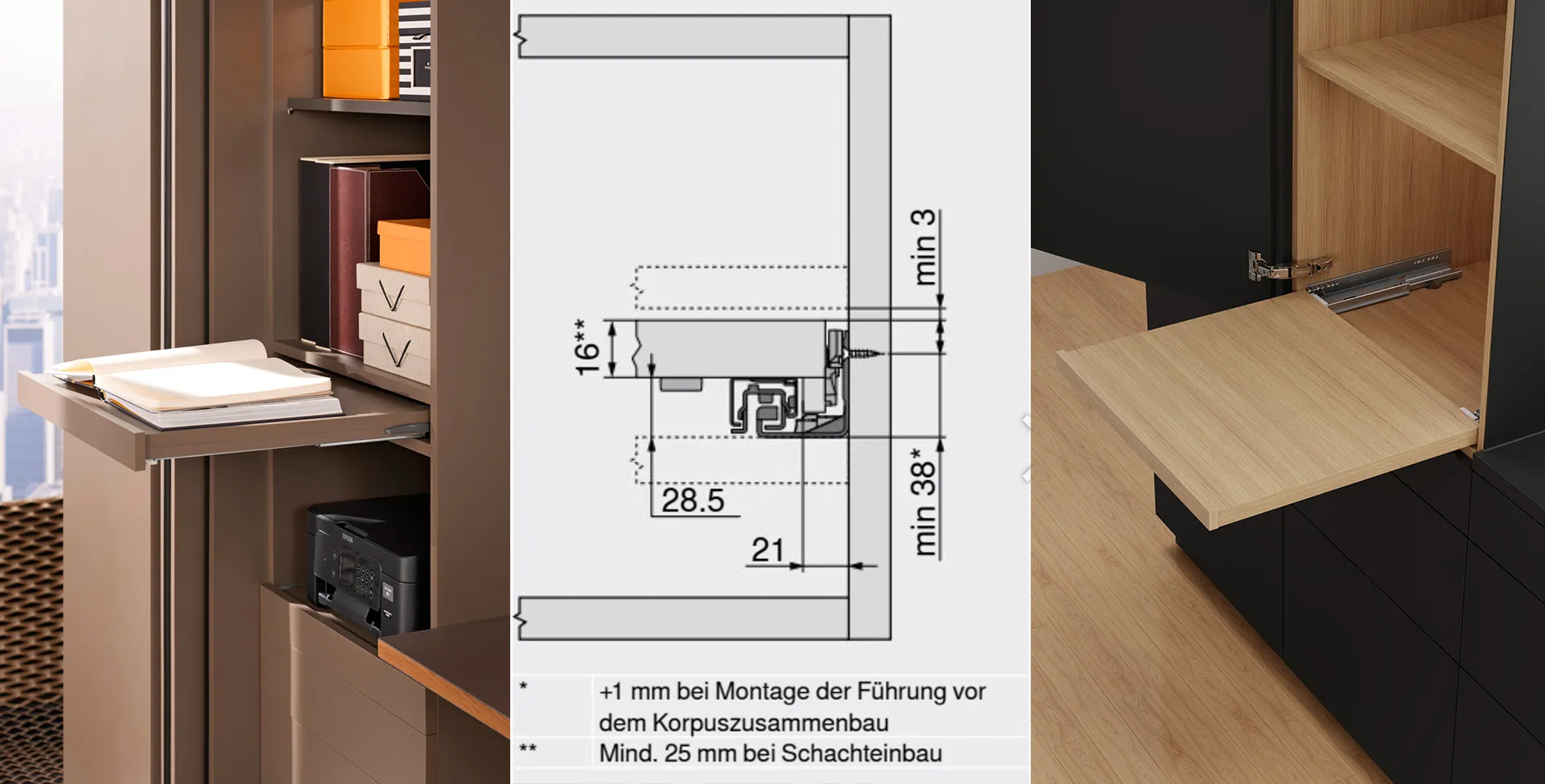 Dreiteilig: Tablarauszug im Schachteinbau, Blum-Maßzeichnung der Bauhöhe, normaler Tablarauszug im Schrank