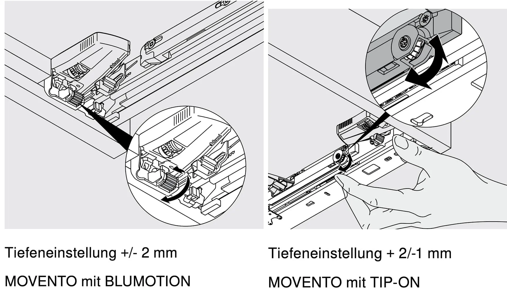 Übersicht: links MOVENTO BLUMOTION mit Tiefenverstellung über Zubehör 298.7600, rechts reine MOVENTO TIP-ON-Schiene mit orangem Stellrad