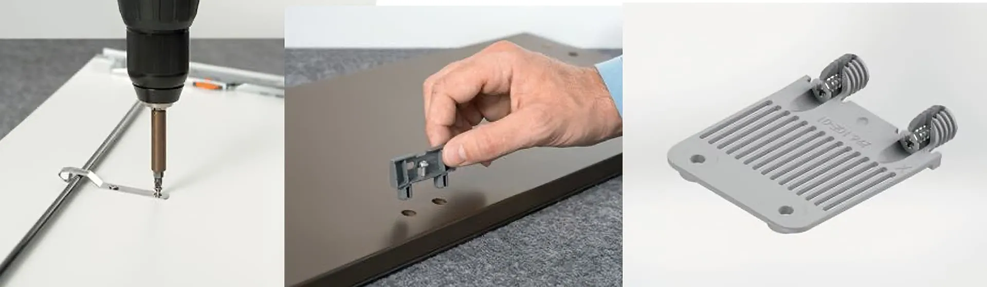 Zubehör für TIP-ON BLUMOTION TANDEMBOX antaro von links nach rechts: Synchronwellenhalter, Bodenabstützwinkel und Frontstabilisierung