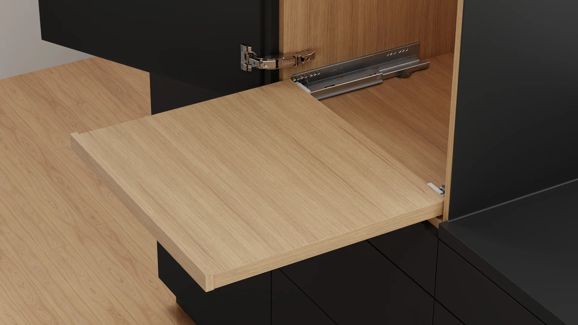 Ausgezogenes Tablar mit offener Auflagefläche in einem Schrank