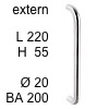 Edelstahl-Stossgriff Bügel i-1310 extern - Länge 220 mm extern - H 55 / L 220 / BA 200 / Ø 20 mm